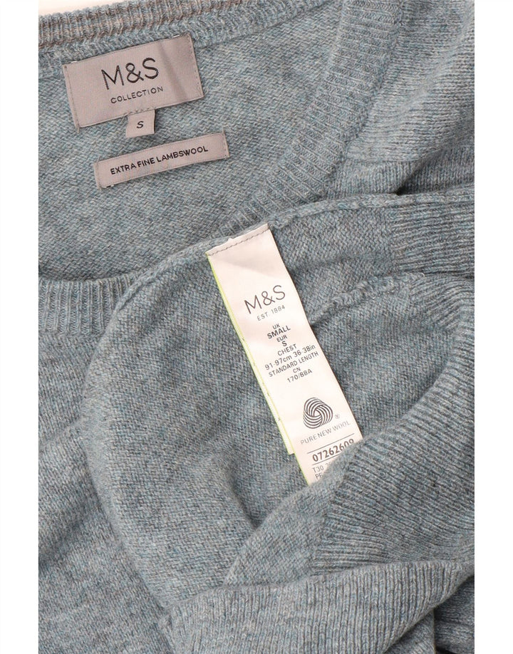 Marks & Spencer Męski sweter z dekoltem w łódkę, mały, niebieski, nakrapiany owcza wełna