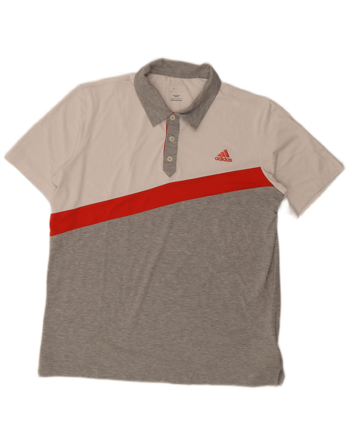 Męska koszulka polo Adidas Climalite, duża, szara, z blokami kolorów, poliestrowa