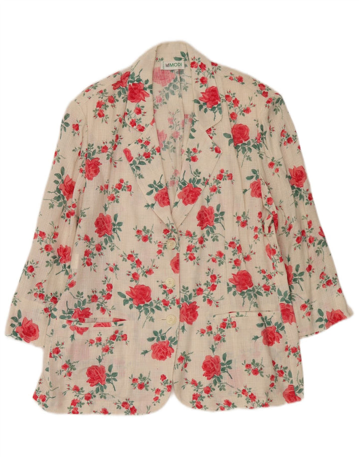 Vintage damska marynarka zapinana na 3 guziki IT 50 XL, biała, lniana w kwiaty