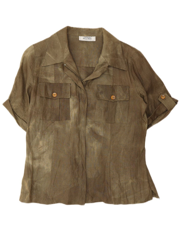 Bluzka damska z krótkim rękawem w stylu vintage, UK 12 Medium Khaki Tie Dye Silk