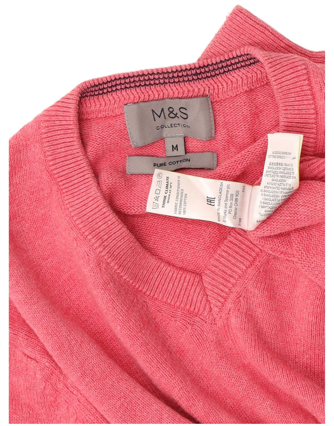 Marks & Spencer Męski sweter z dekoltem w kształcie litery V, średnioróżowy, bawełniany