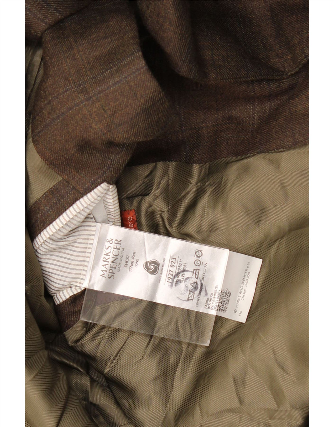 Marks & Spencer Męska długa marynarka zapinana na 2 guziki, UK 46 XL, wełniana khaki w kratę