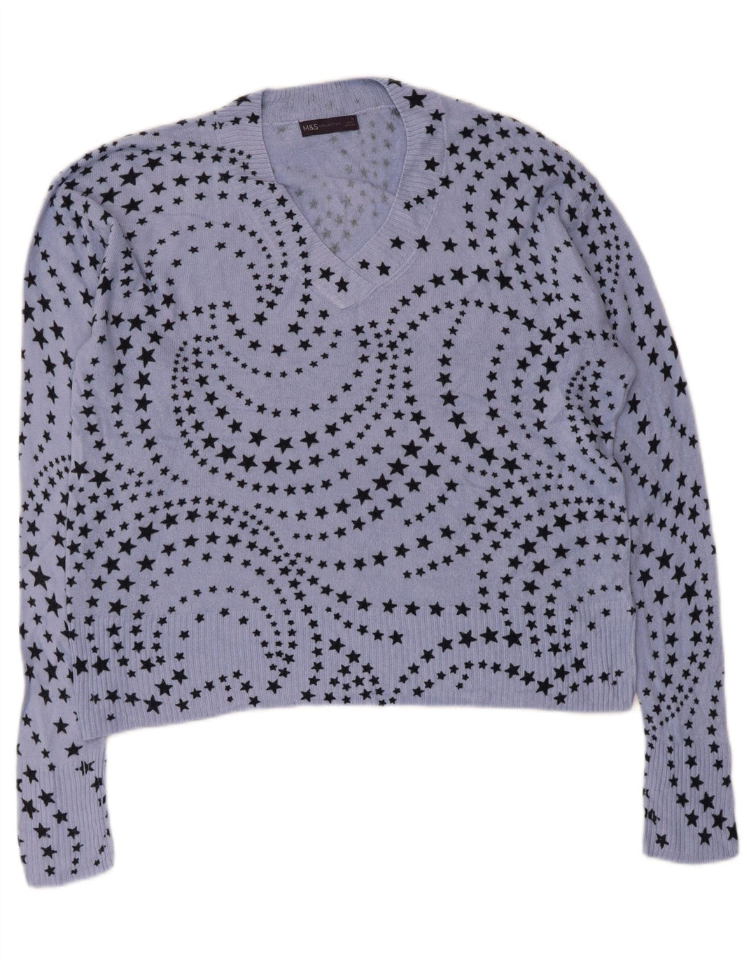 Marks & Spencer Damski sweter z dekoltem w kształcie litery V, UK 14, duży niebieski geometryczny