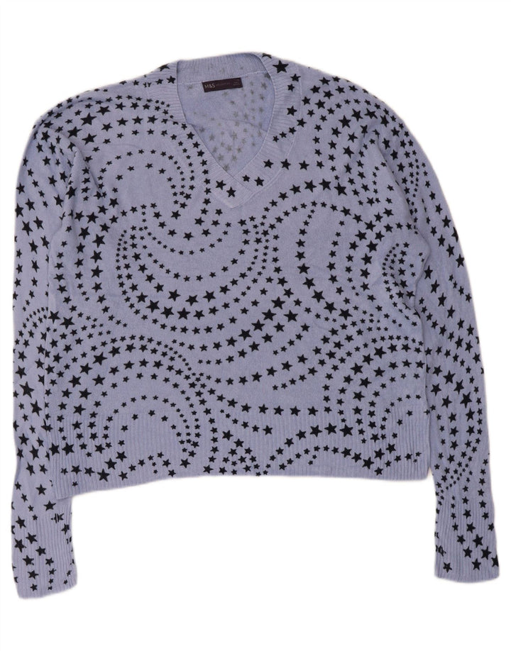 Marks & Spencer Damski sweter z dekoltem w kształcie litery V, UK 14, duży niebieski geometryczny