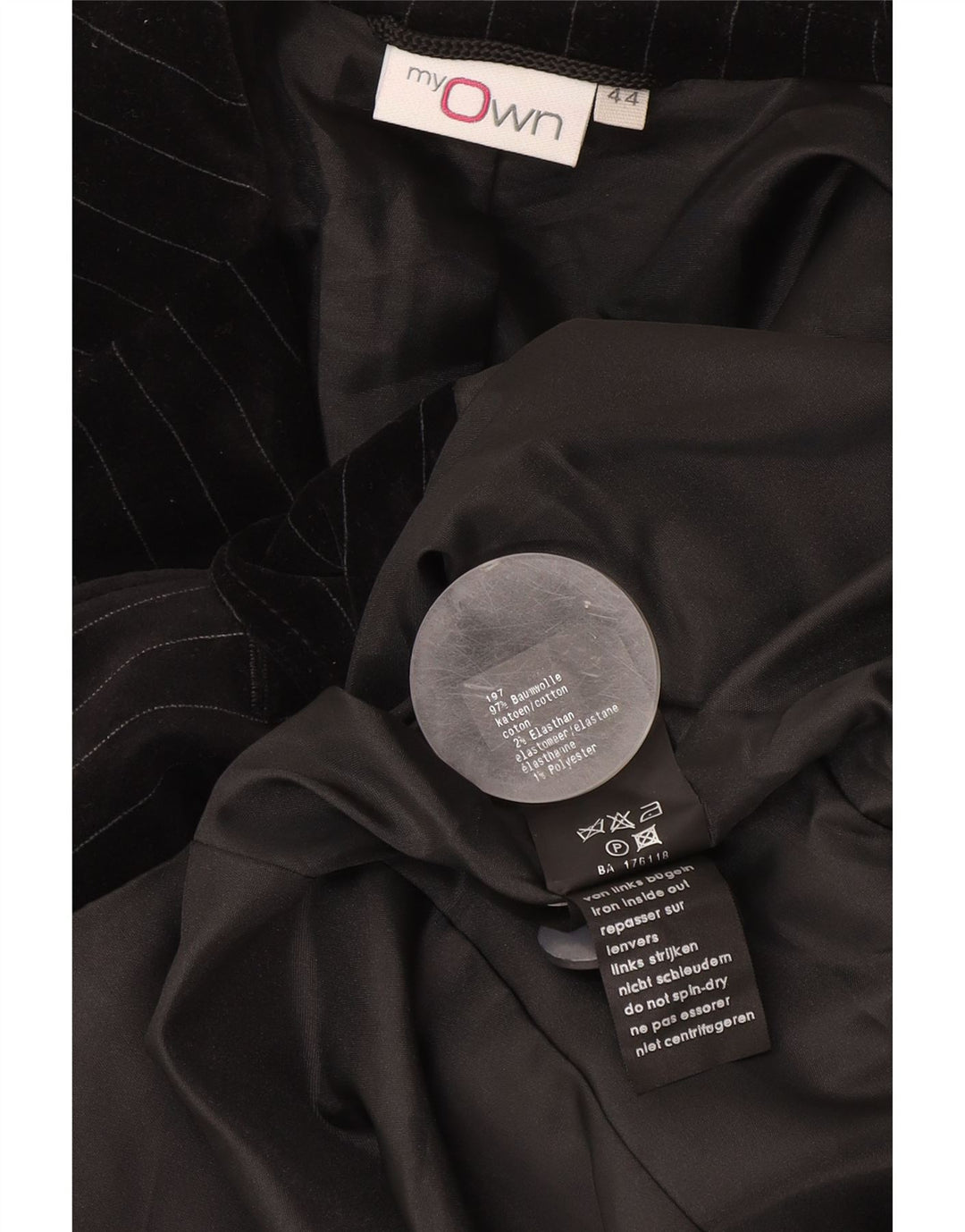 Moja własna damska aksamitna marynarka zapinana na 2 guziki IT 44 w średnie czarne prążki