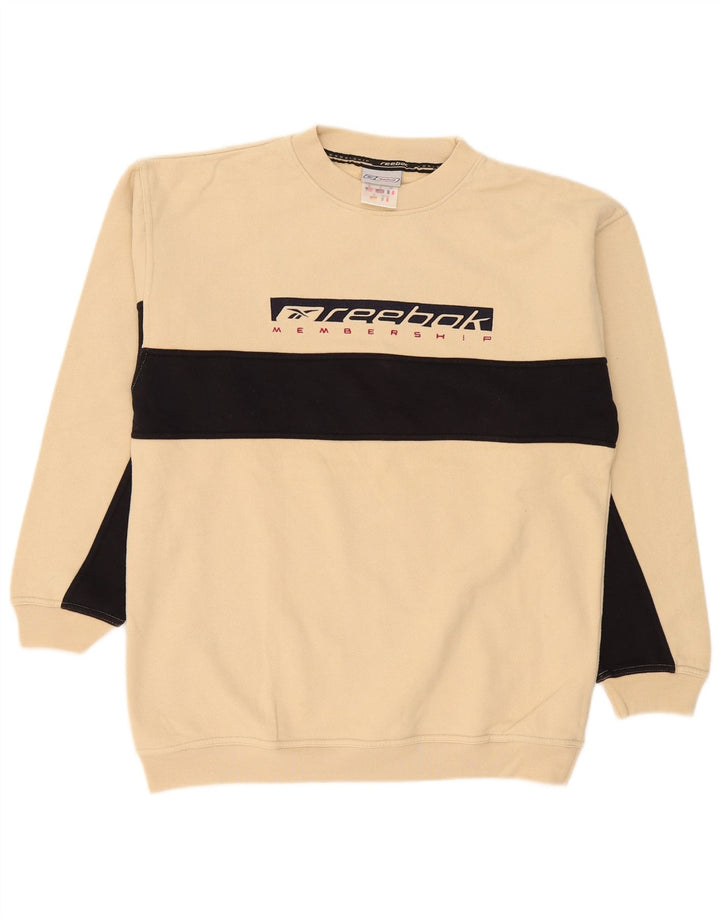 Męska bluza Reebok z grafiką, sweter, mała, beżowa, bawełniana z blokami kolorów