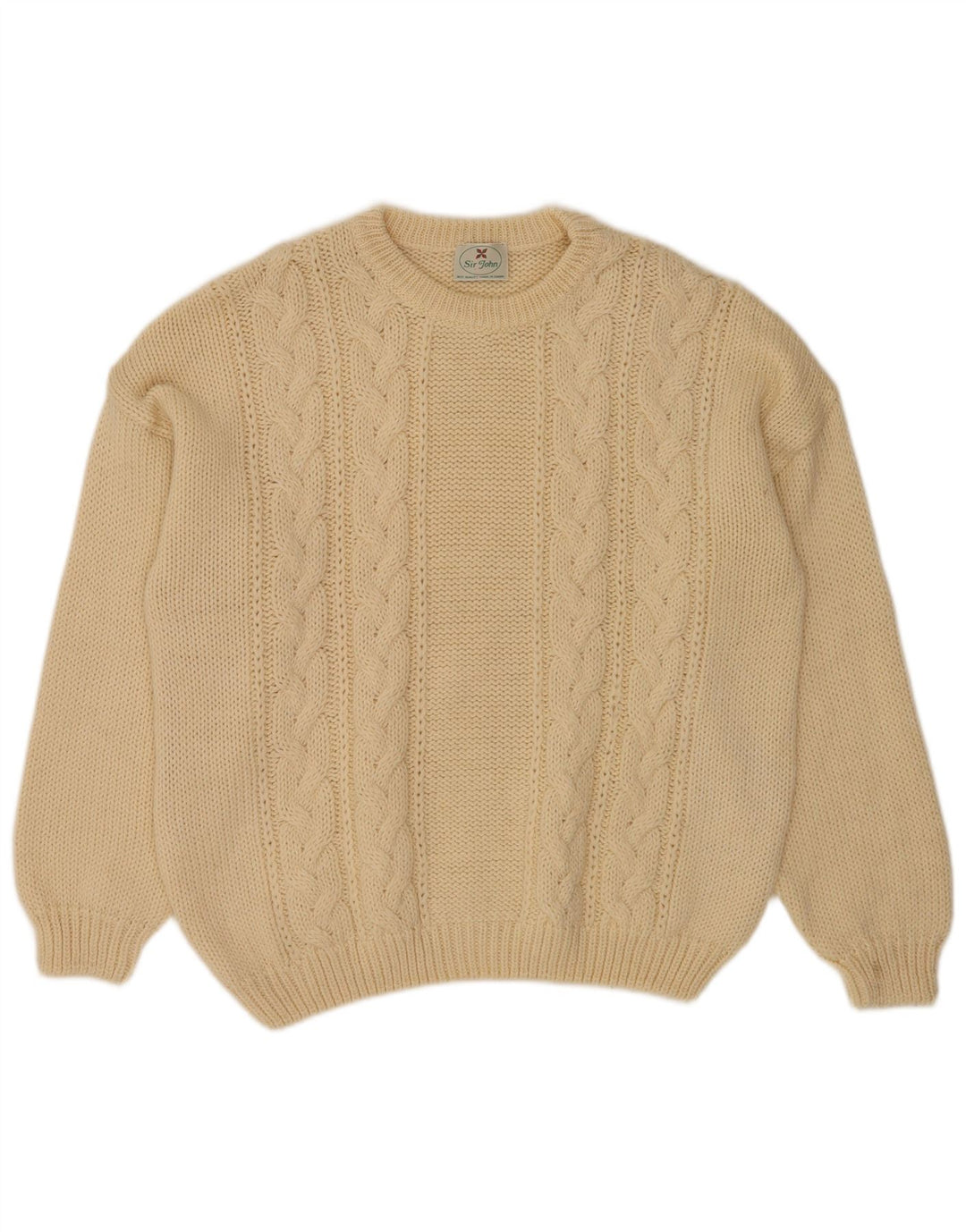 Vintage męski sweter z okrągłym dekoltem, średnio beżowa wełna