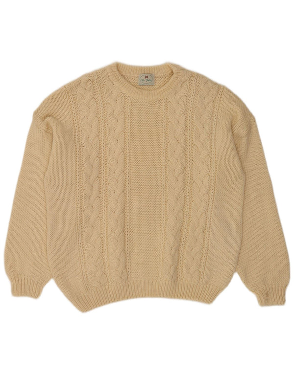 Vintage męski sweter z okrągłym dekoltem, średnio beżowa wełna