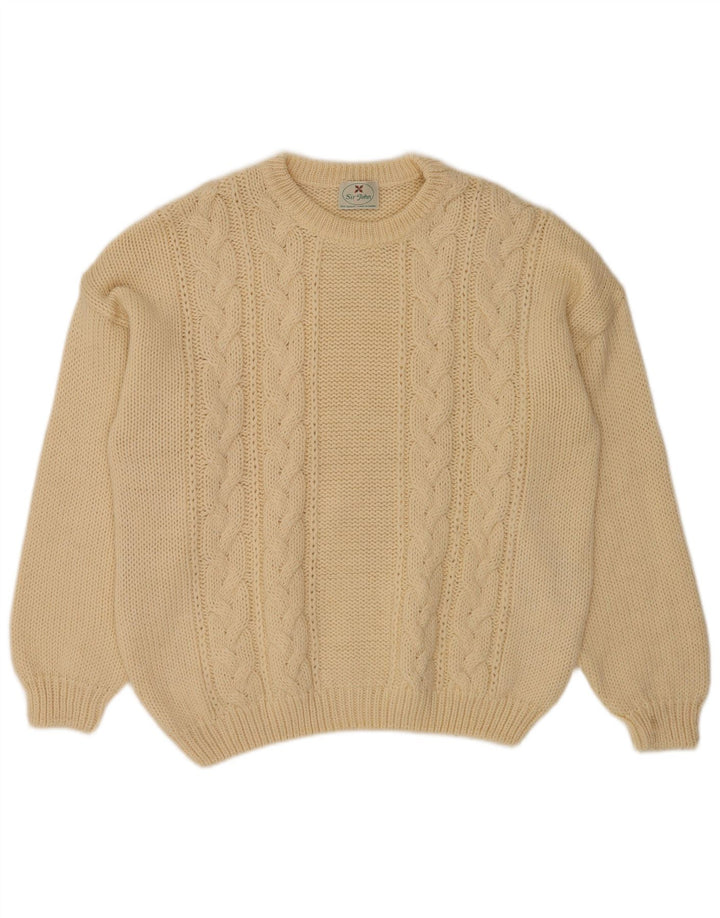 Vintage męski sweter z okrągłym dekoltem, średnio beżowa wełna