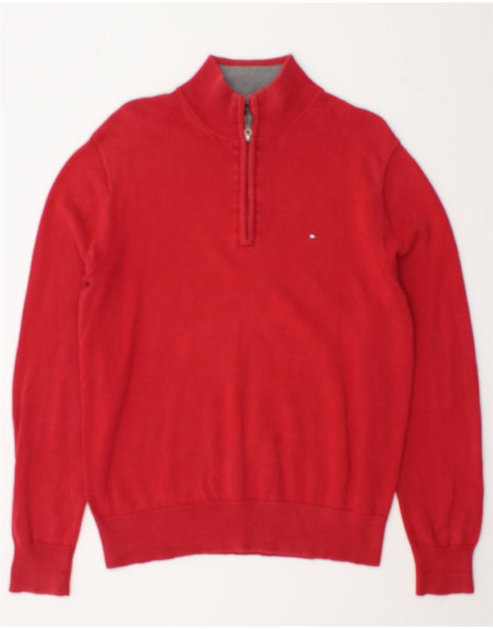 TOMMY HILFIGER Mens Zip Neck Jumper Sweater Medium Red Cotton Vintage Tommy Hilfiger and Second-Hand Tommy Hilfiger from Messina Hembry 