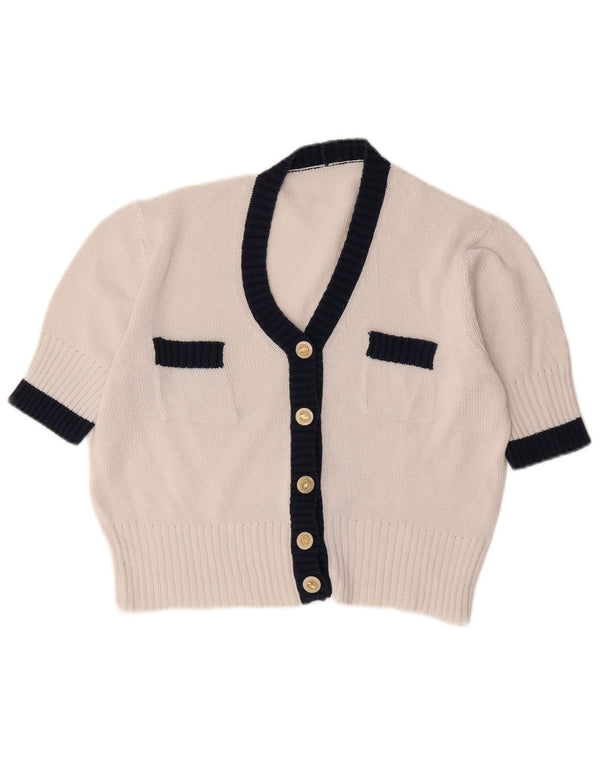 Sweter damski z krótkim rękawem w stylu vintage, UK 12, średni biały, blok kolorów