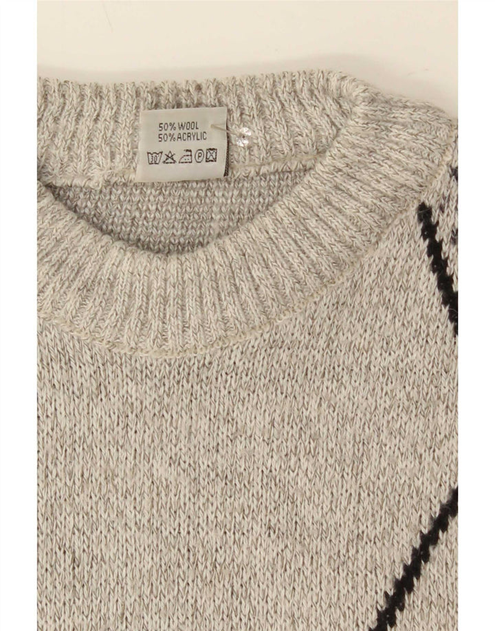 Vintage męski sweter z okrągłym dekoltem, duży, szary, geometryczny wełniany