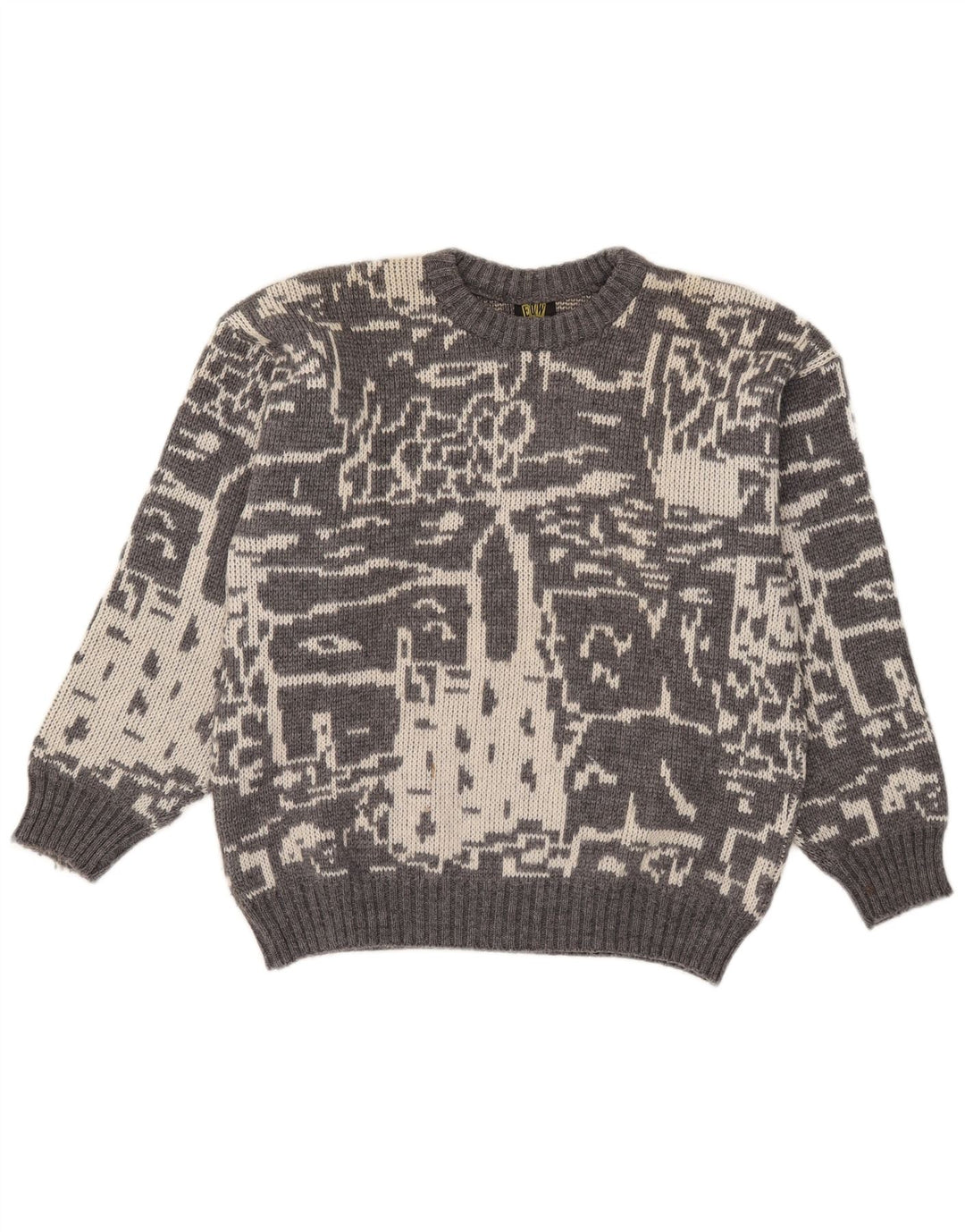 Vintage męski sweter z abstrakcyjnym wzorem i okrągłym dekoltem, mały szary
