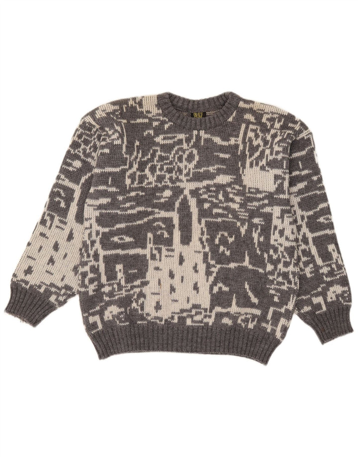 Vintage męski sweter z abstrakcyjnym wzorem i okrągłym dekoltem, mały szary
