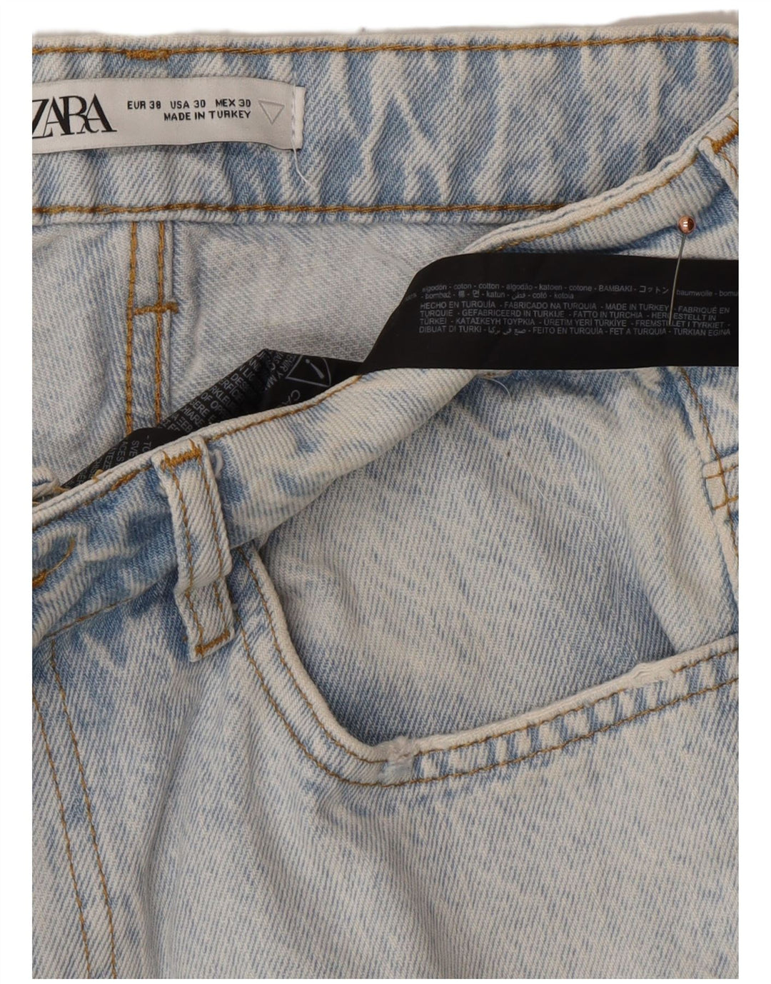 Męskie spodenki jeansowe ZARA w trudnej sytuacji z grafiką EU 38 Small W30, niebieska bawełna