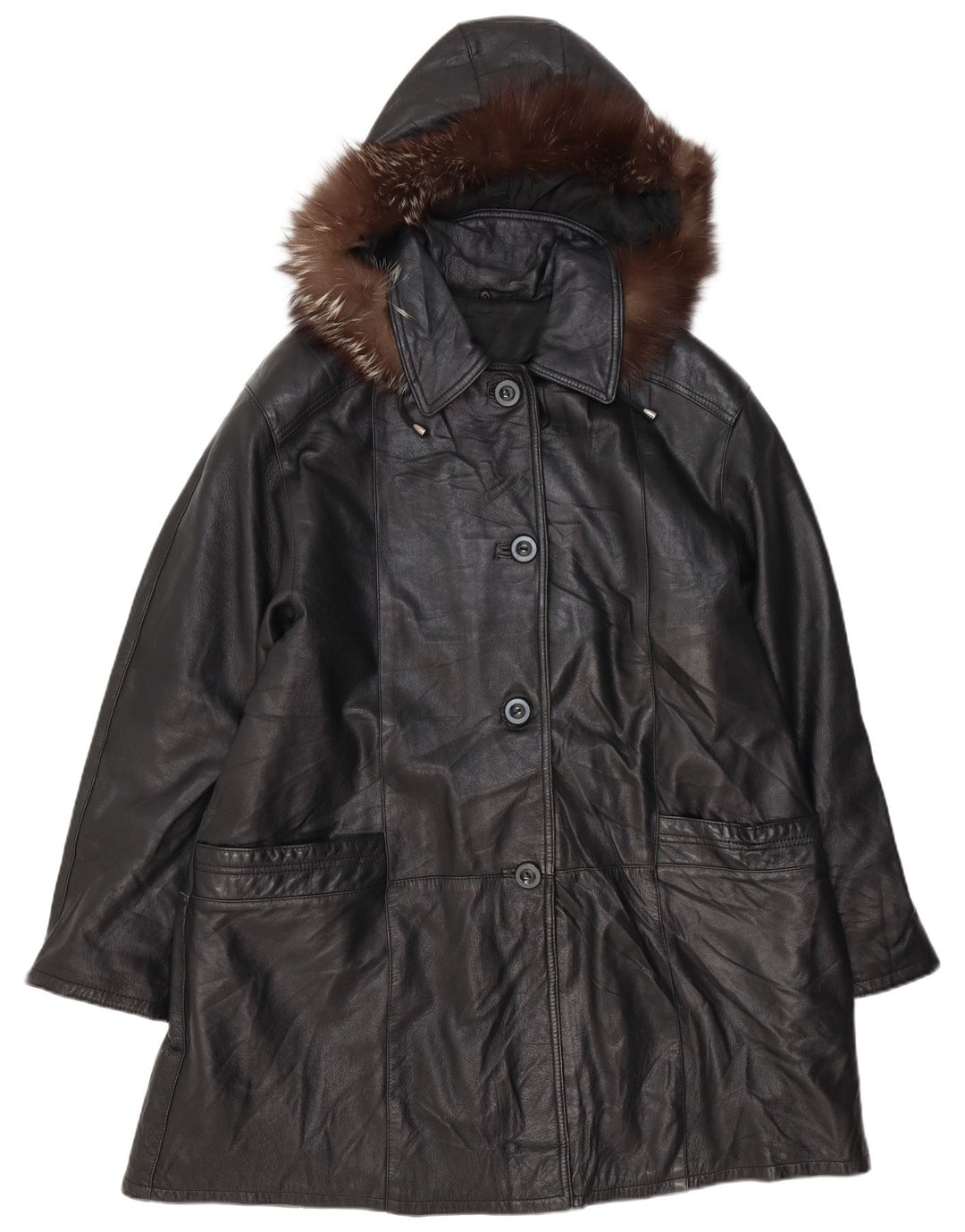 VINTAGE Damski płaszcz skórzany z kapturem, oversize IT 48 XL, czarna skóra