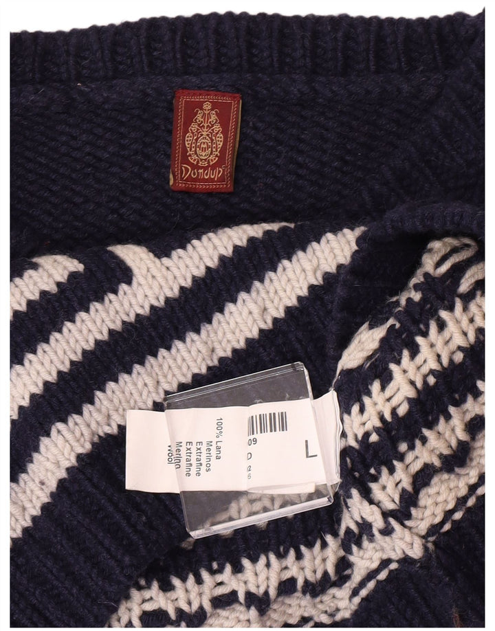 Dondup Męski sweter z okrągłym dekoltem, duży granatowy, geometryczny wełniany