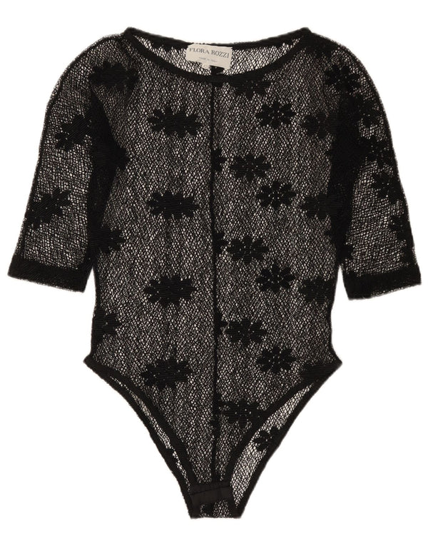 Vintage damskie body z prześwitującą koronką IT 42, średni czarny kwiatowy