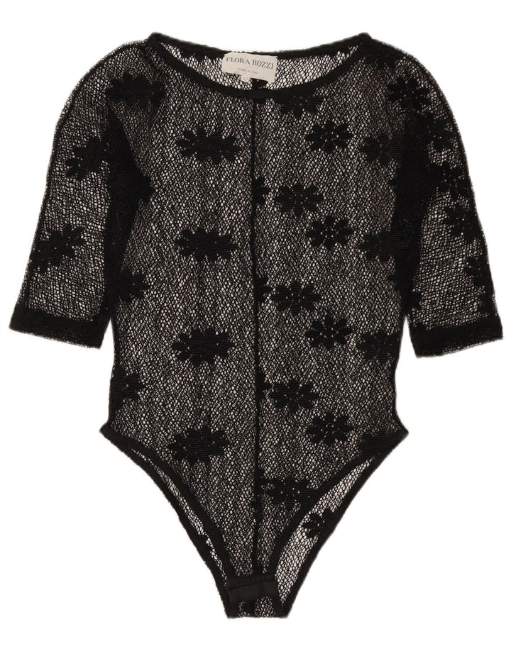 Vintage damskie body z prześwitującą koronką IT 42, średni czarny kwiatowy