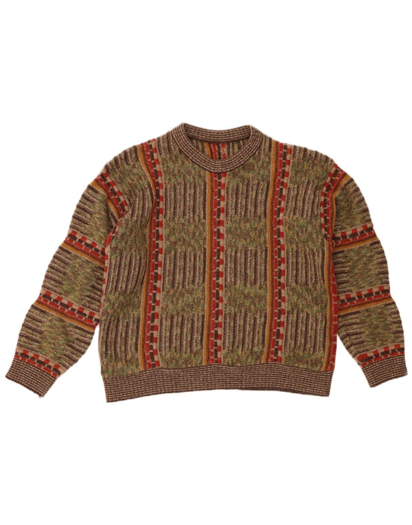 Sweter damski w stylu vintage z okrągłym dekoltem UK 16, duże paski khaki