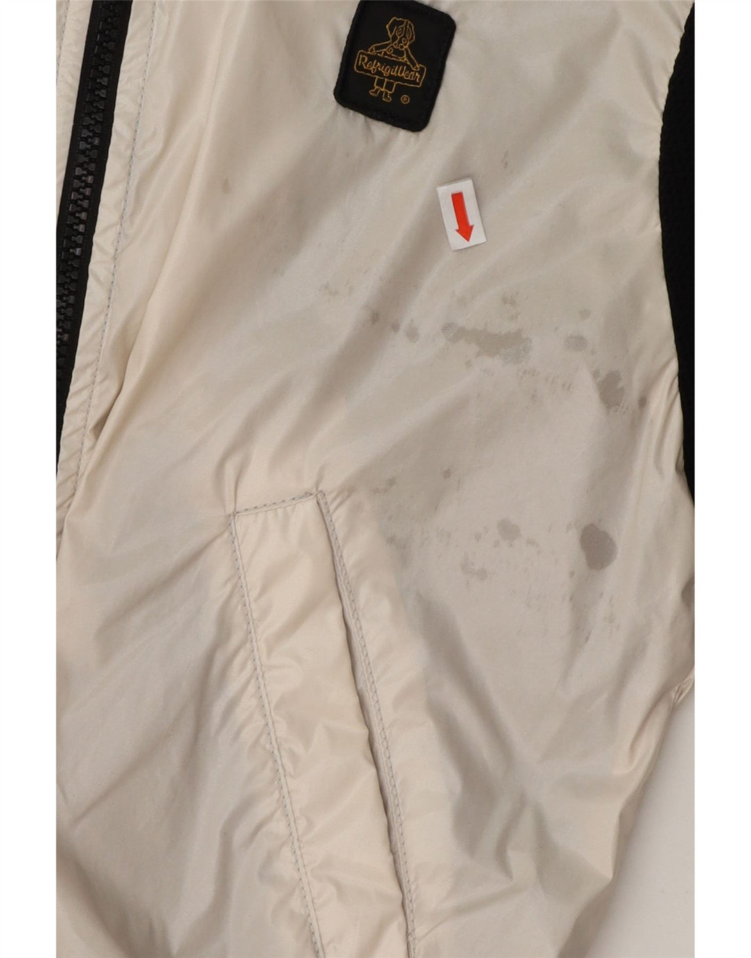 REFRIGIWEAR Womens Hooded Rain Jacket UK 14 Medium Off White Colourblock Vintage Refrigiwear and Second-Hand Refrigiwear from Messina Hembry 