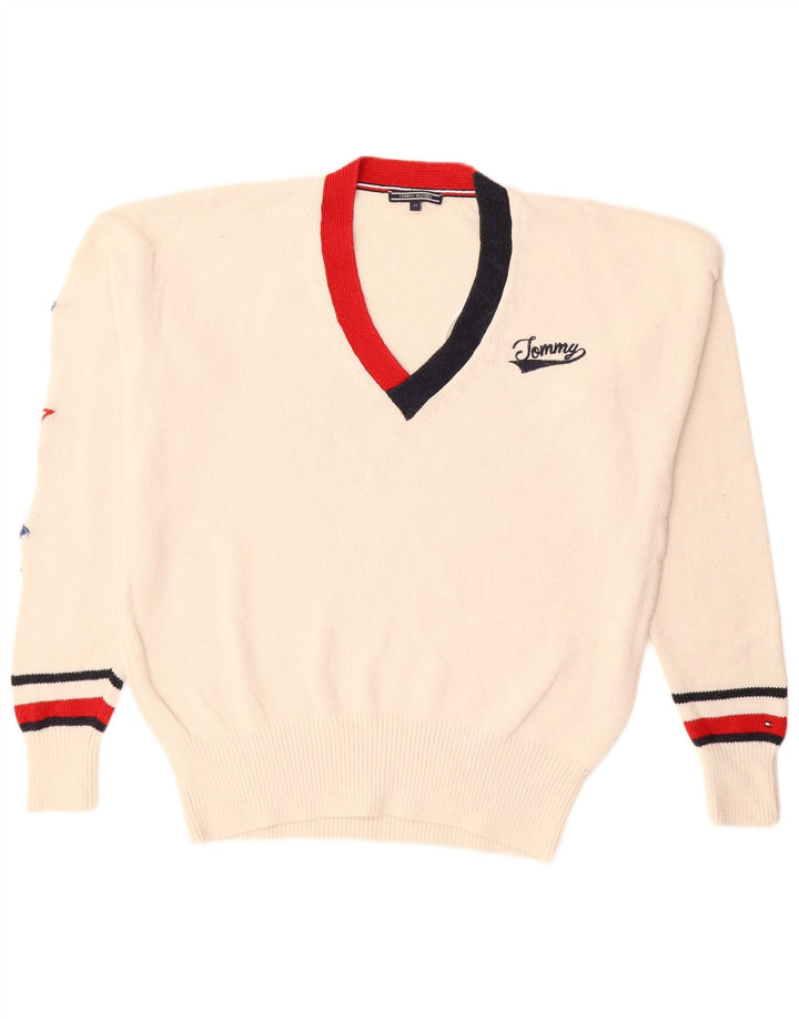Męski sweter Tommy Hilfiger z dekoltem w kształcie litery V, średniej wielkości złamanej bieli, bawełniany