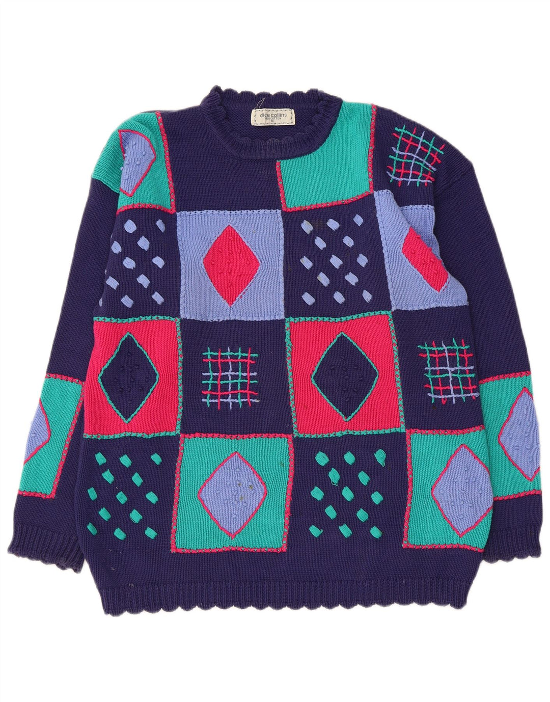 Damski sweter z okrągłym dekoltem w stylu VINTAGE UK 14 Średni granatowy patchwork