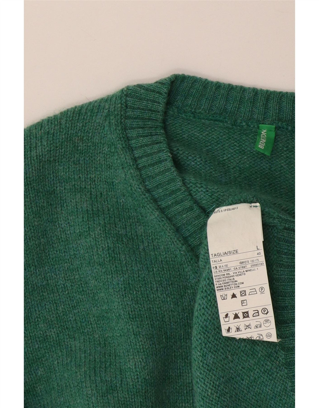 Męski sweter z dekoltem w serek Benetton, duży, zielony, wełniany