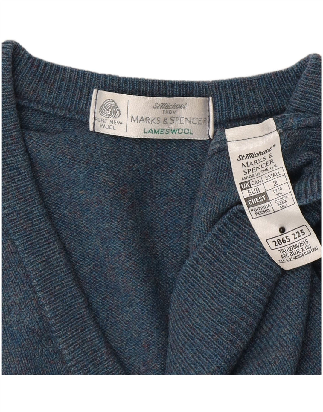 Marks & Spencer Męski sweter z dekoltem w kształcie litery V, mały, niebieski, z owczej wełny