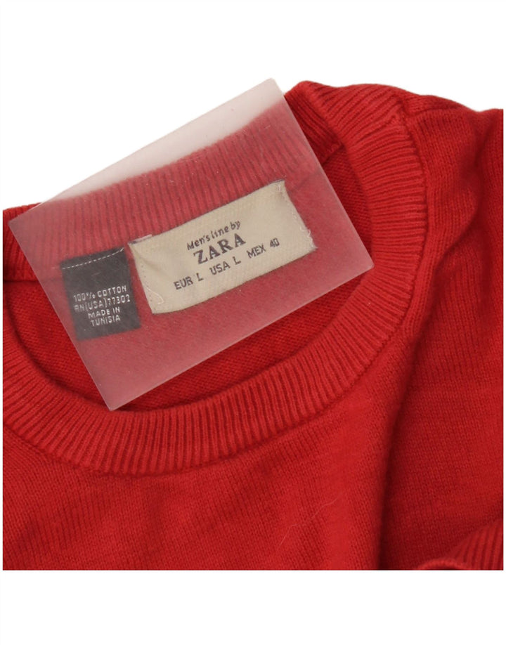 Zara Męski sweter z okrągłym dekoltem, duży, czerwony, bawełniany