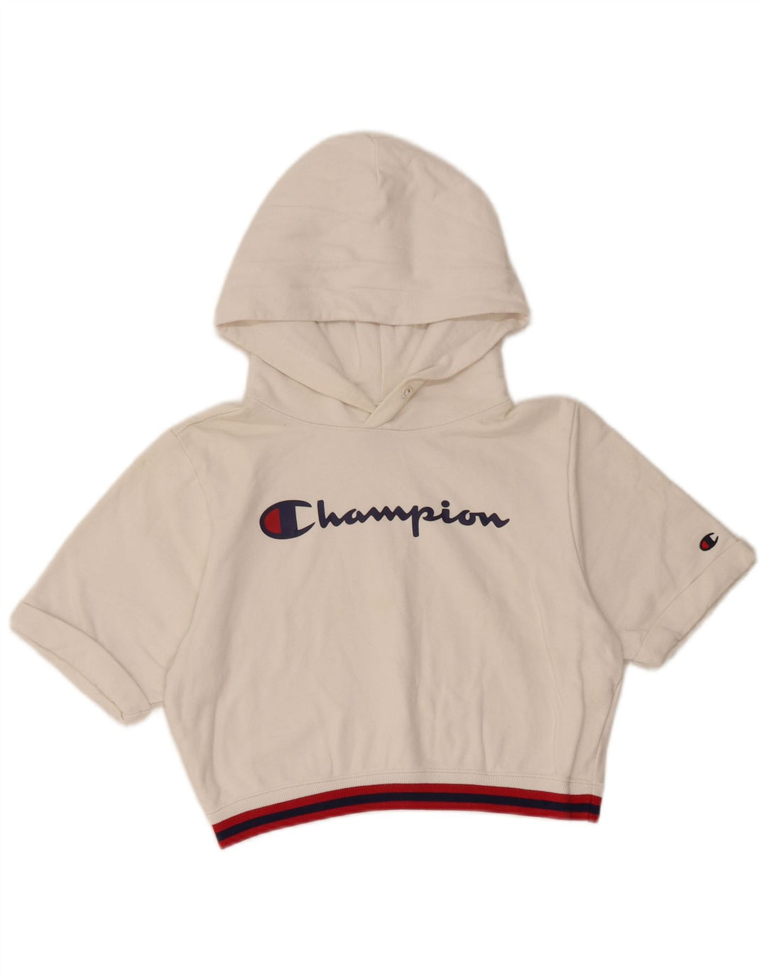 Damska bluza z kapturem CHAMPION Crop Graphic z krótkim rękawem UK 10 Small White