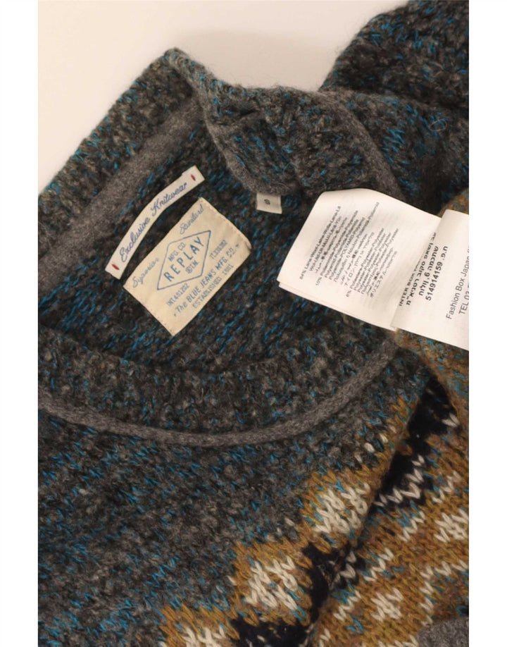 Męski sweter z okrągłym dekoltem Replay, mały, zielony, wełniany Fair Isle