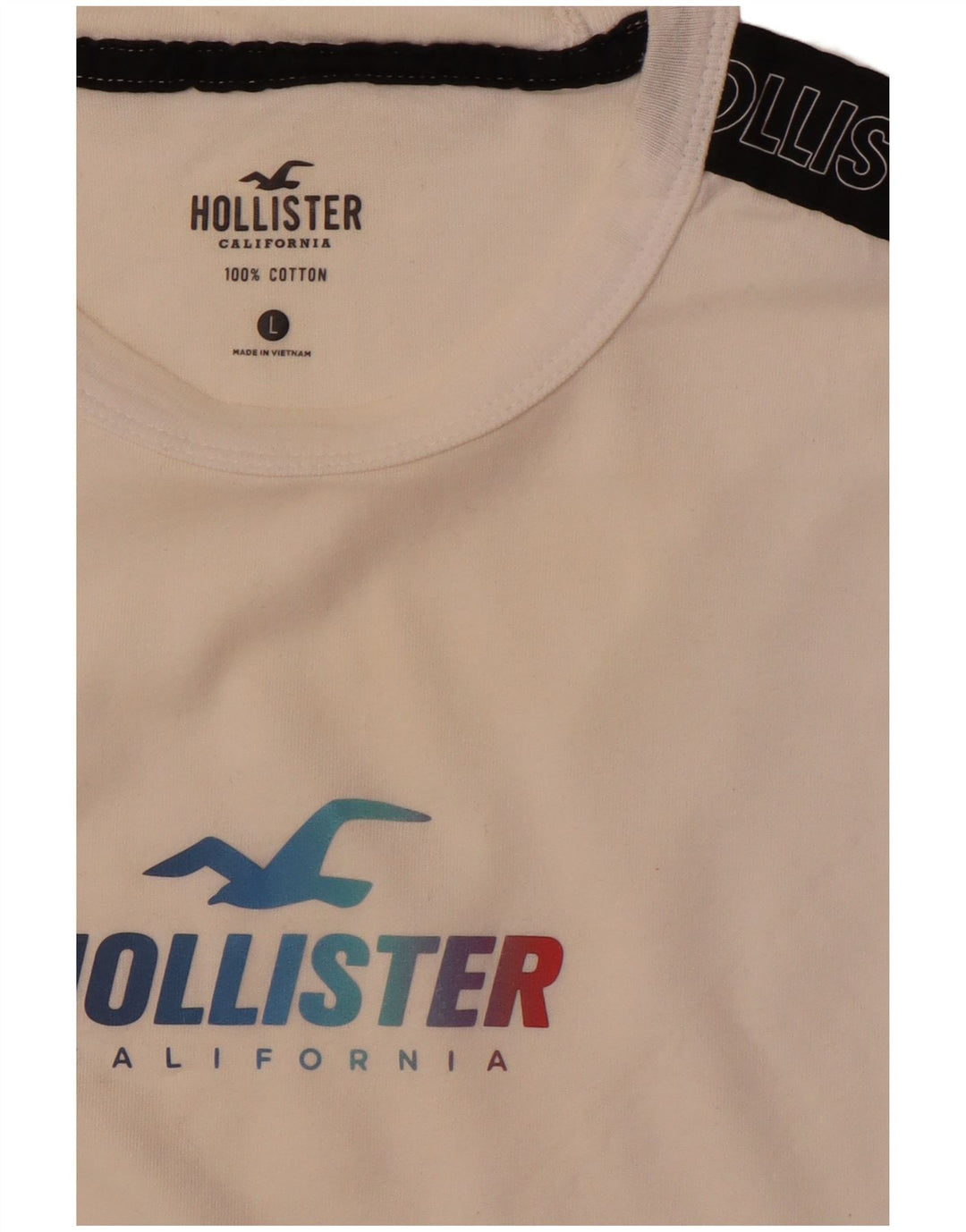 HOLLISTER Męski graficzny top z długim rękawem, duży, biały, bawełniany w bloki kolorów