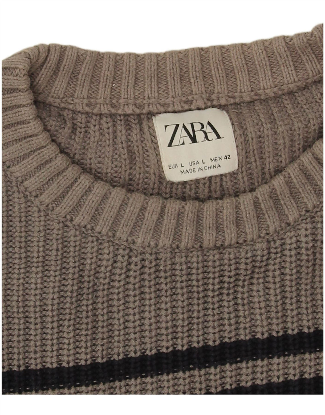 Męski sweter Zara z okrągłym dekoltem i dużymi szarymi paskami