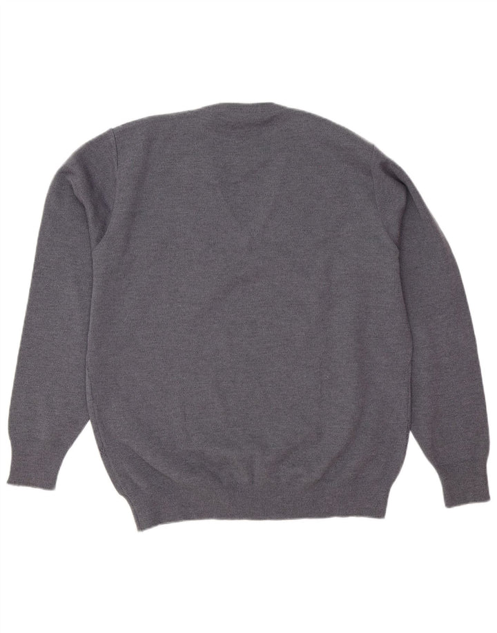 Męski sweter w stylu vintage z dekoltem w szpic, średnioszary, argyle/diamentowa wełna