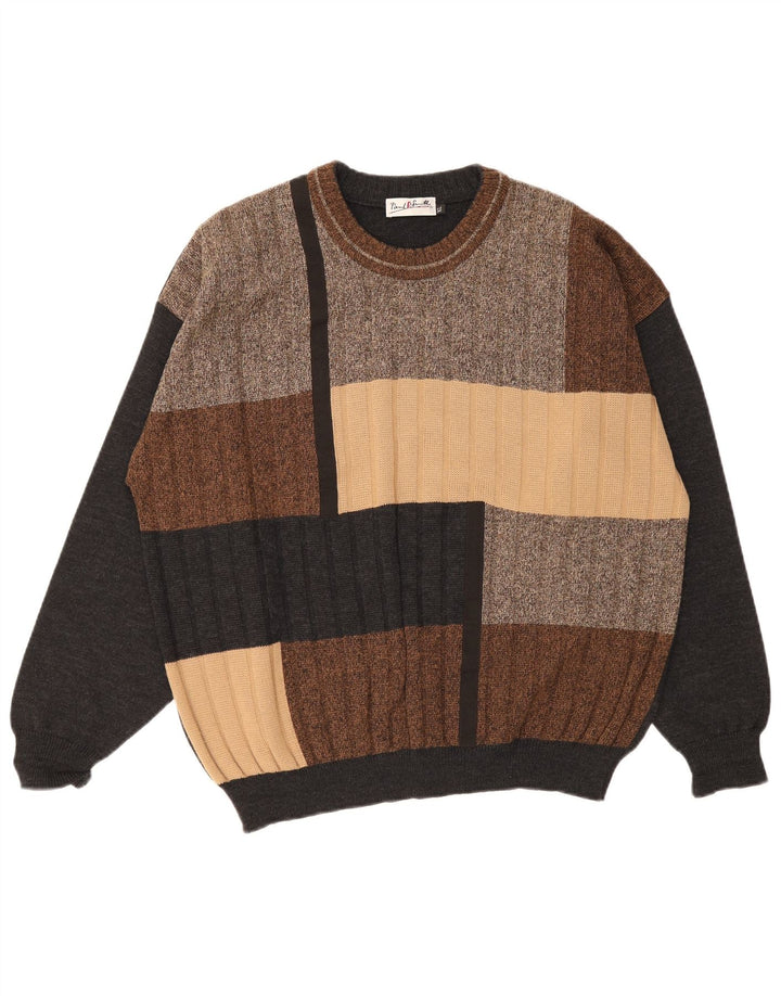 Vintage męski sweter z okrągłym dekoltem XL, wielokolorowa wełna z blokami kolorów