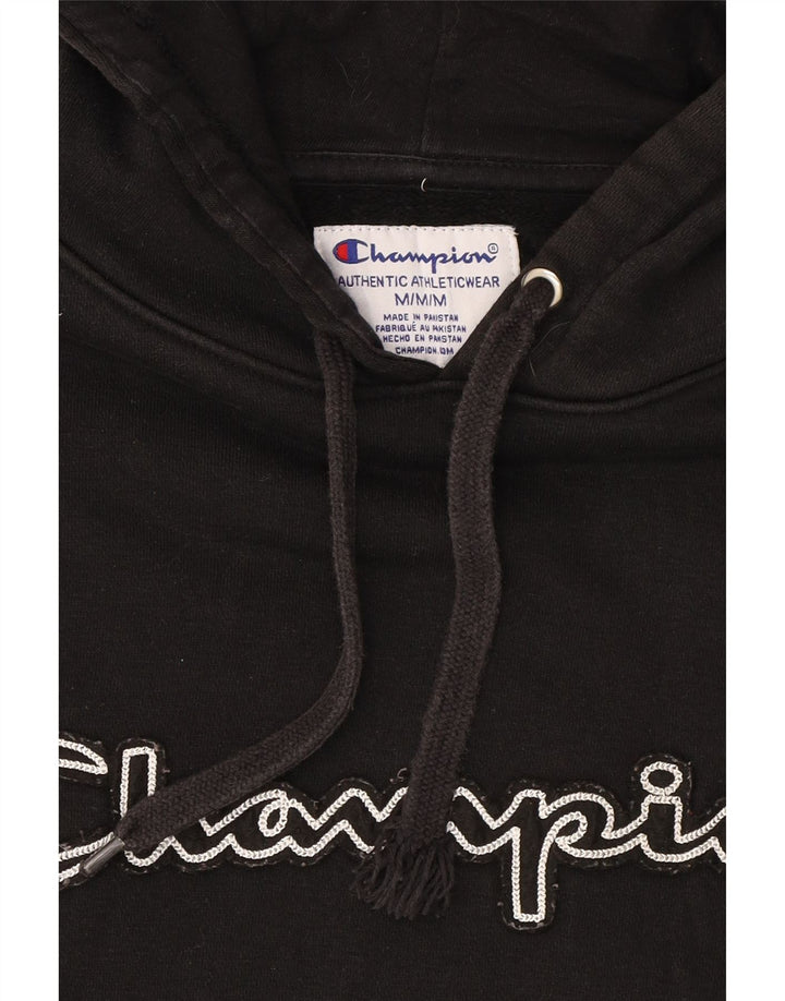 CHAMPION Mens Graphic Hoodie Jumper Medium Black Cotton Vintage Champion and Second-Hand Champion from Messina Hembry 