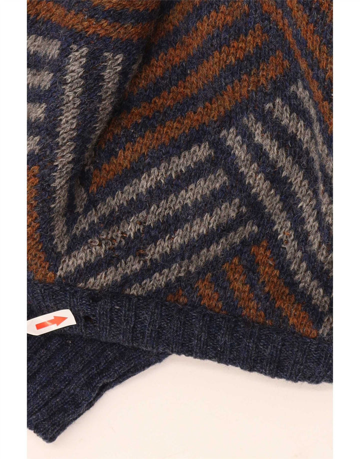Vintage męski sweter z okrągłym dekoltem, duży, wielobarwny, wełniany jodełka