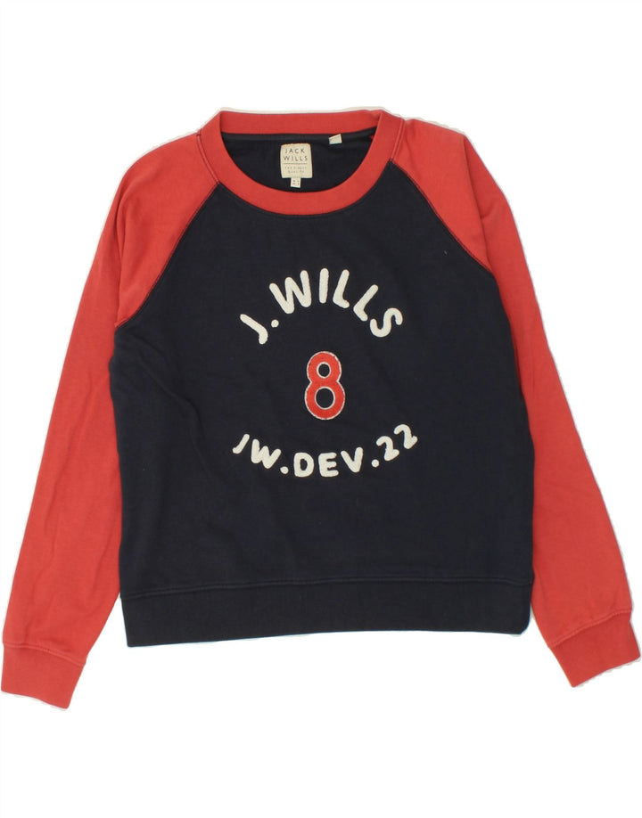 JACK WILLS Womens Graphic Sweatshirt Jumper UK 12 Medium Navy Blue Vintage Jack Wills and Second-Hand Jack Wills from Messina Hembry 