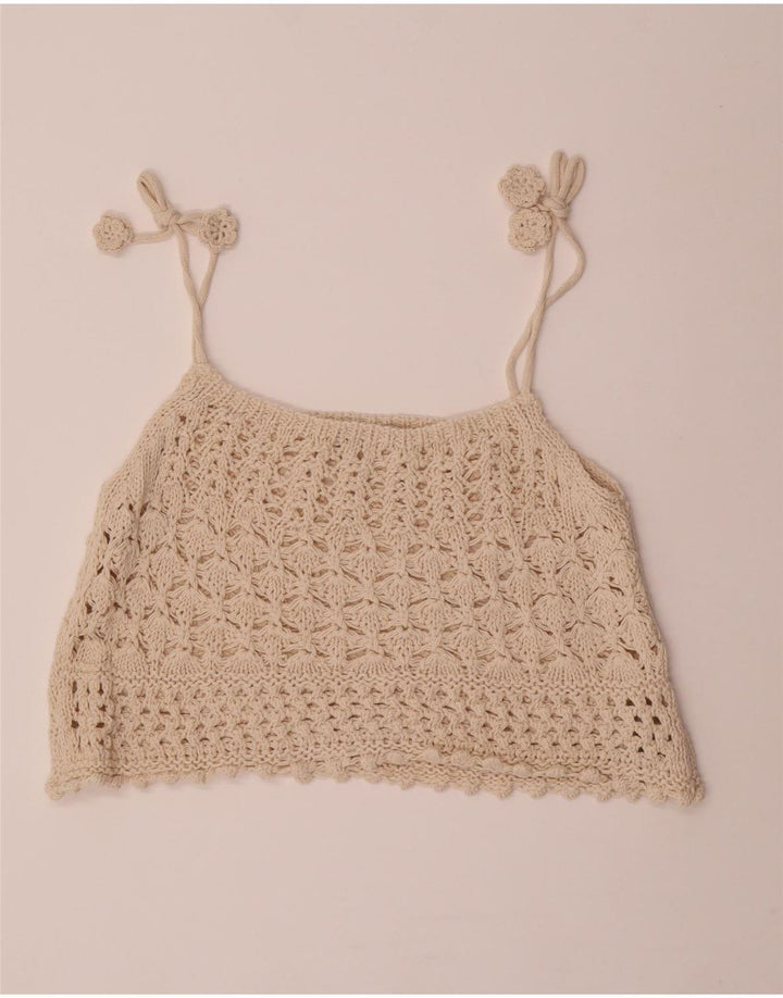 ZARA Womens Crop Crochet Cami Top UK 14 Medium Beige Cotton