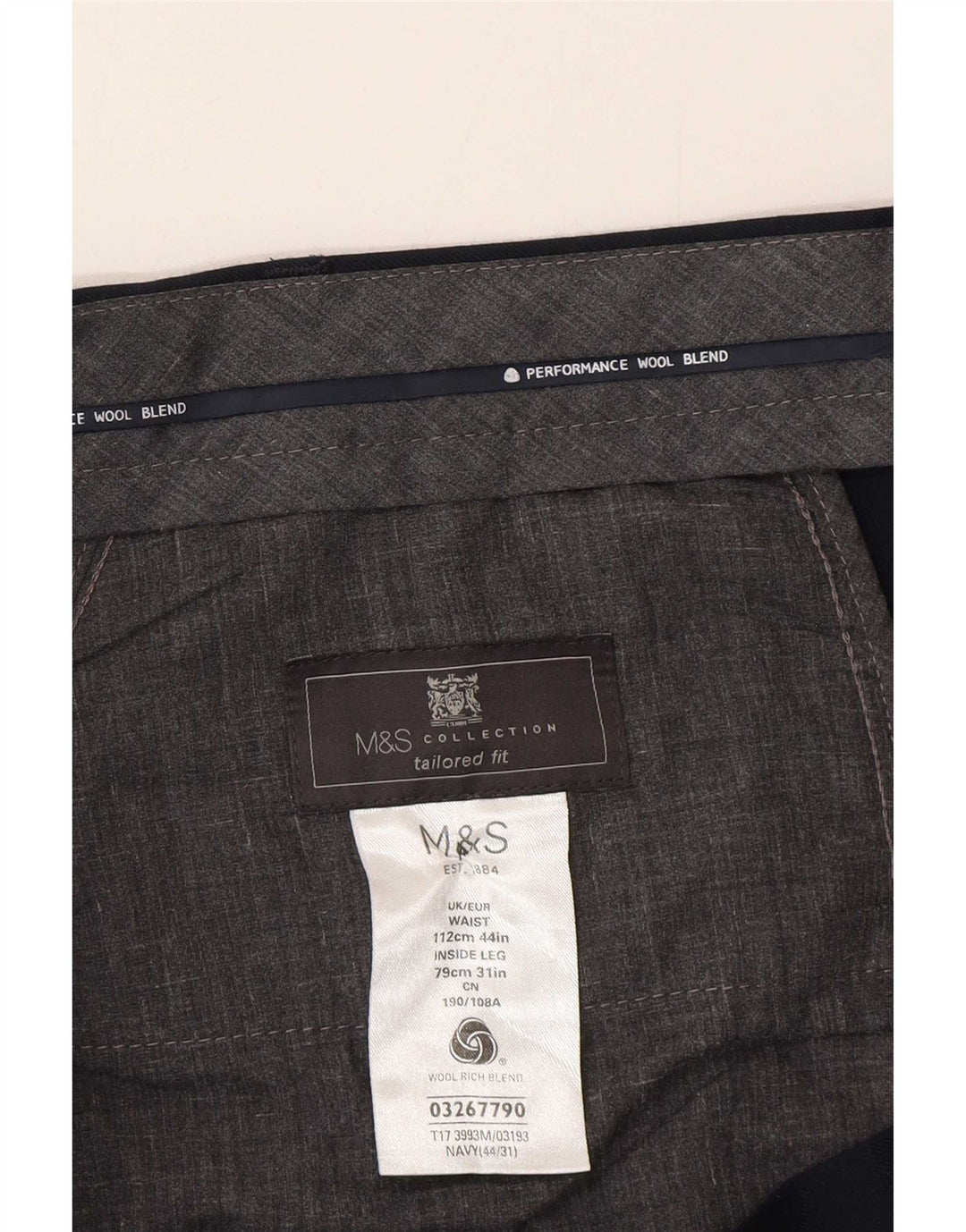 Marks & Spencer Męskie dopasowane spodnie garniturowe W44 L31 Granatowa wełna