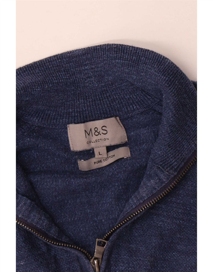 Marks & Spencer Męski sweter z zamkiem błyskawicznym, duży, niebieski, bawełniany w plamki