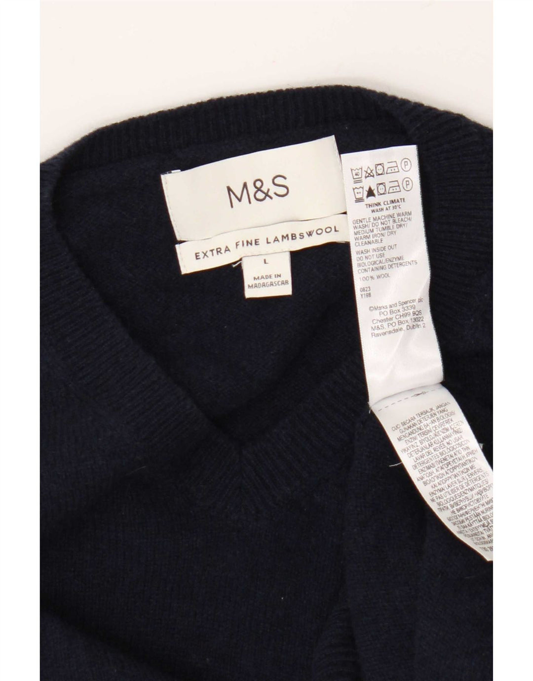 Marks & Spencer Męski sweter z dekoltem w kształcie litery V, duży, granatowy, wełniany
