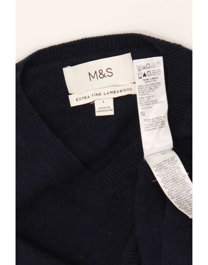 Marks & Spencer Męski sweter z dekoltem w kształcie litery V, duży, granatowy, wełniany