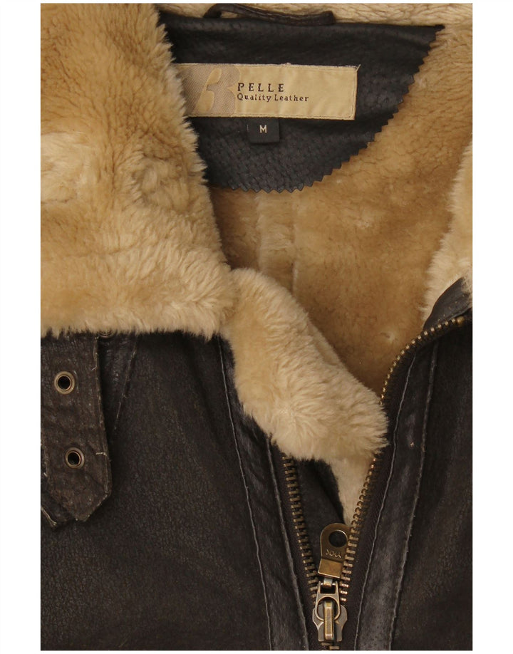 Męska skórzana kurtka Shearling Bata UK 38 Średniobrązowa skóra