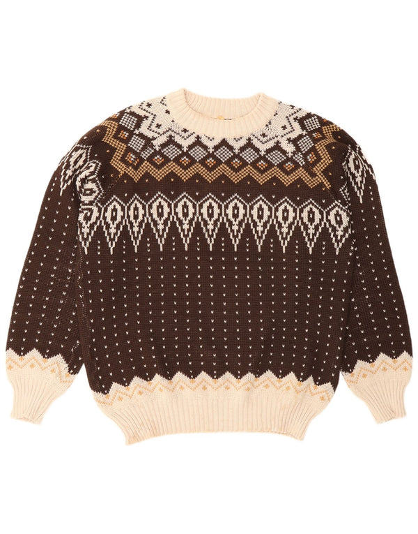 Vintage męski sweter z okrągłym dekoltem, duży brązowy Fair Isle