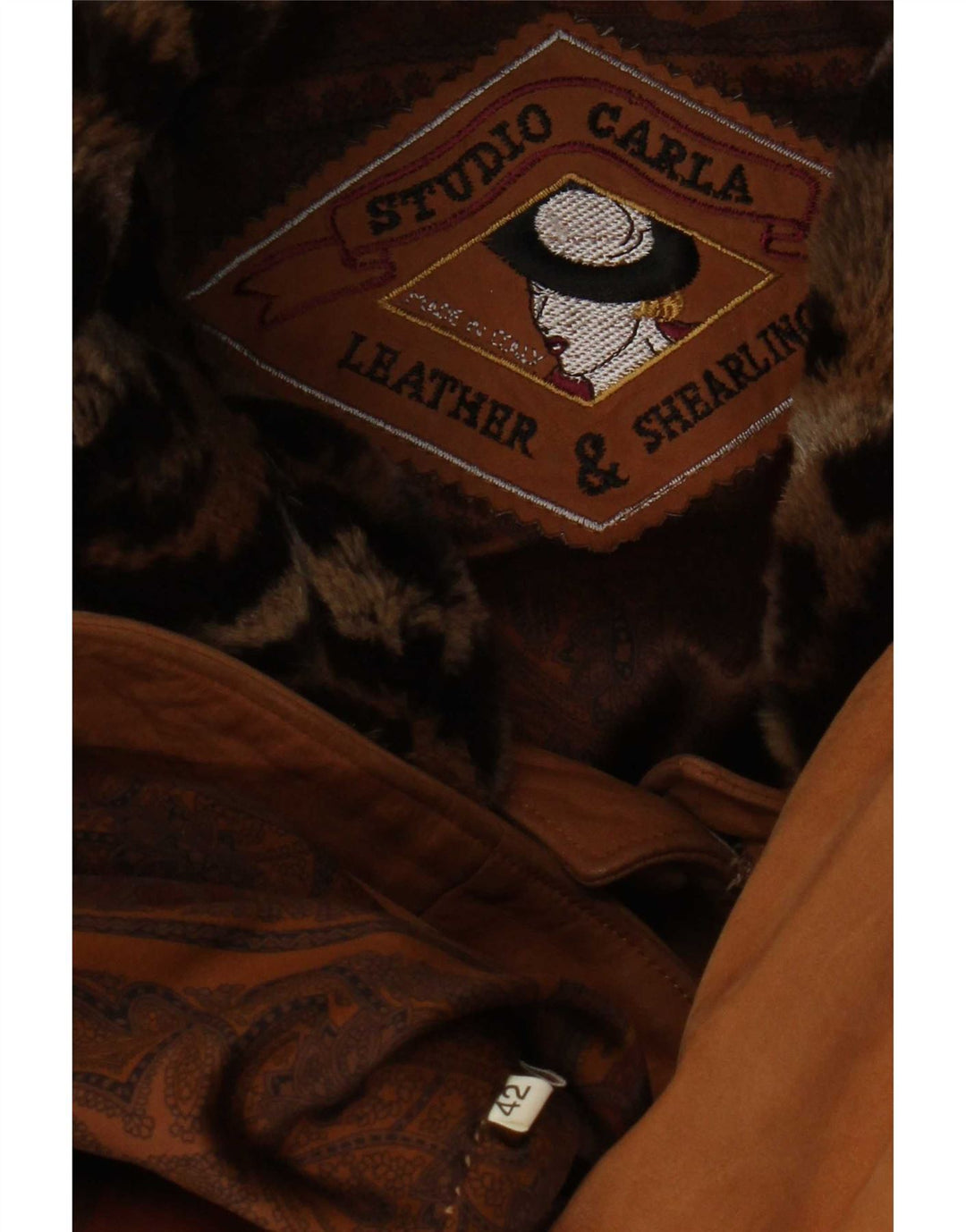 Vintage damski, oversize'owy, skórzany płaszcz z owczej skóry EU 42, duży brązowy shearling