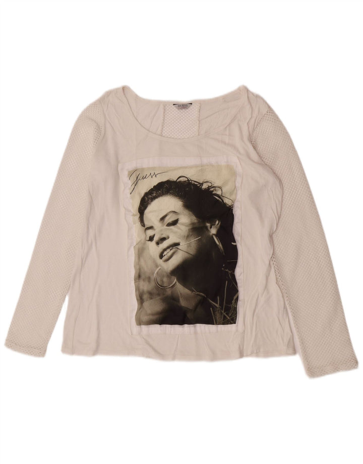 Damski top graficzny Guess z długim rękawem, UK 14, średni biały