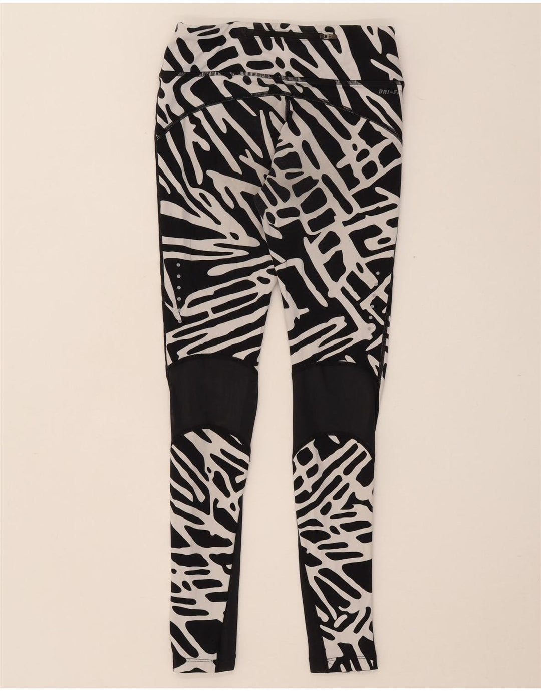 Damskie legginsy NIKE Dri Fit z abstrakcyjnym wzorem UK 8, małe, z czarnego nylonu