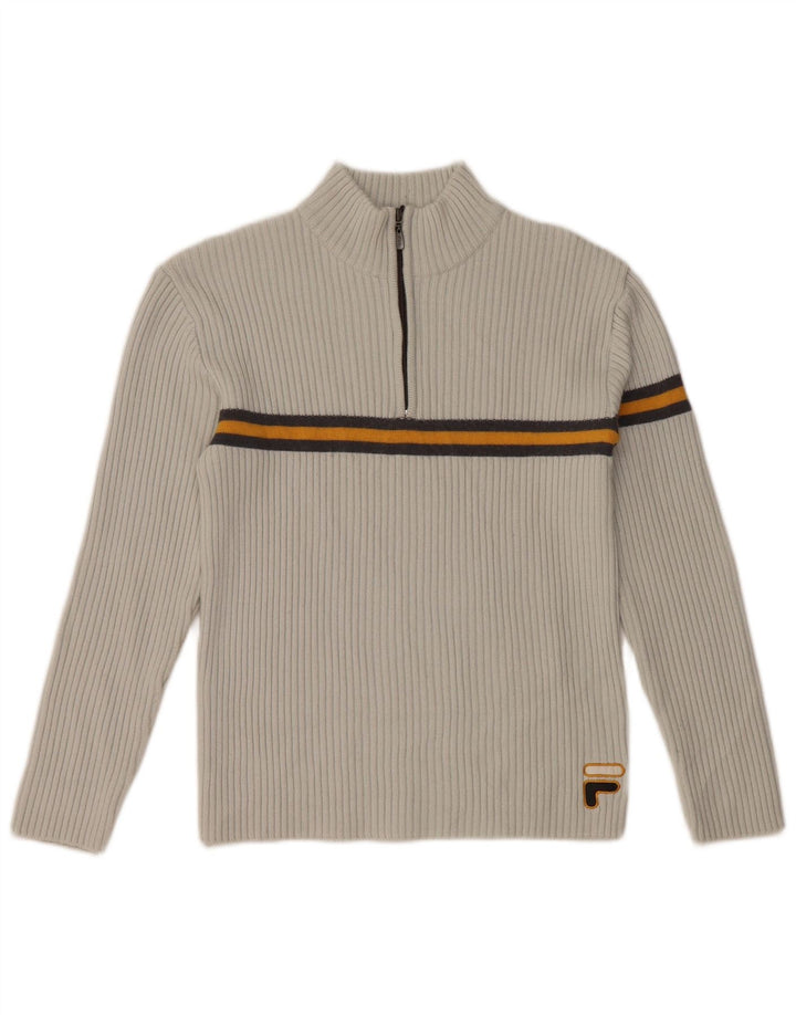 FILA Damski sweter z zamkiem błyskawicznym UK 10, wełniany w małe szare paski